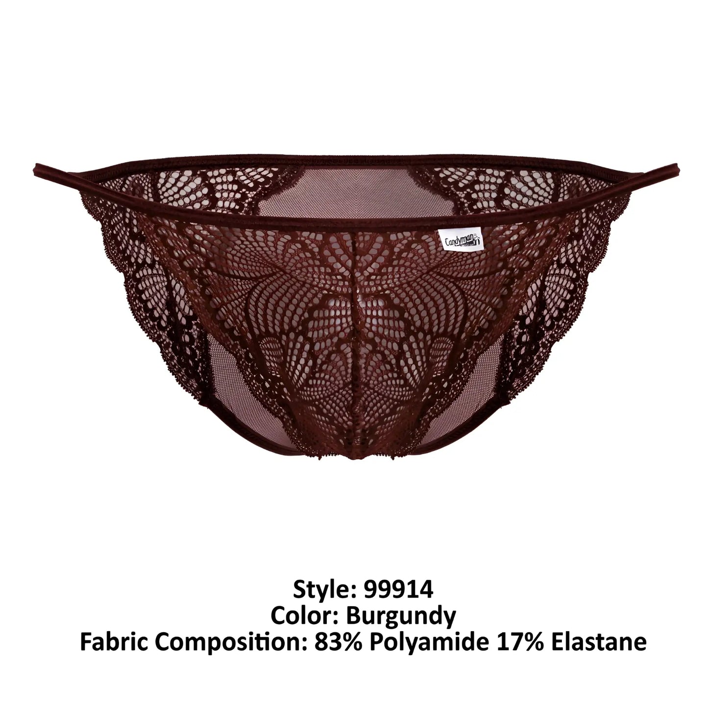 Burgundy lace thong with intricate floral patterns and mesh backing from candyman 99914 lace briefs collection