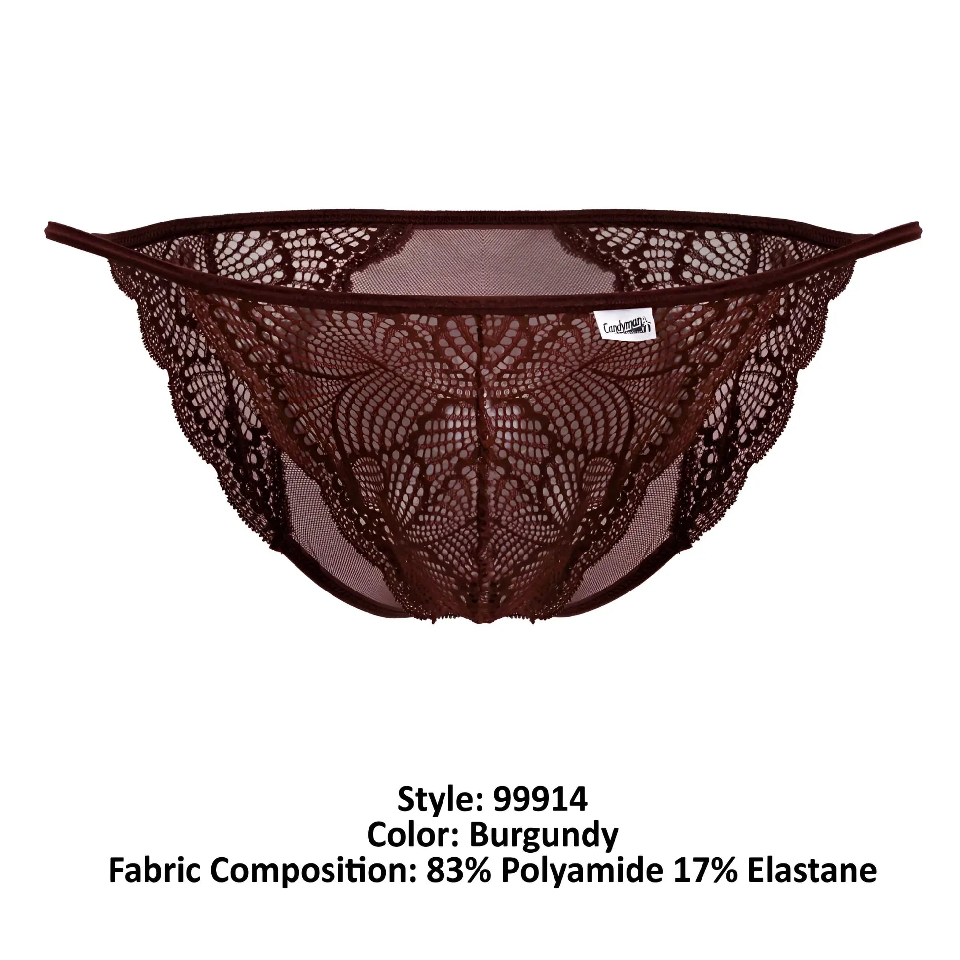 Burgundy lace thong with intricate floral patterns and mesh backing from candyman 99914 lace briefs collection