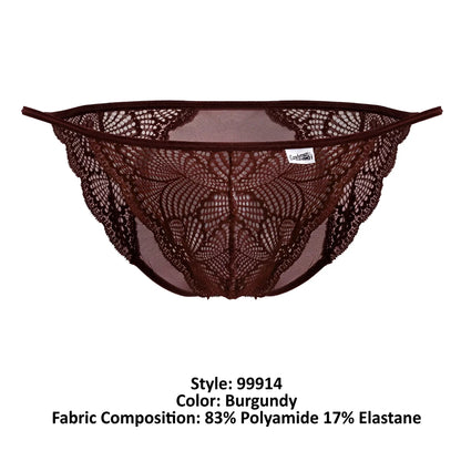 Burgundy lace thong with intricate floral patterns and mesh backing from candyman 99914 lace briefs collection