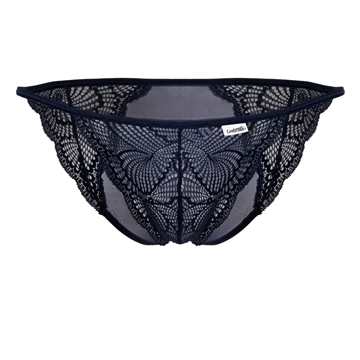 CandyMan 99914 navy lace briefs with black butterfly mesh thong design and branded label visible on front
