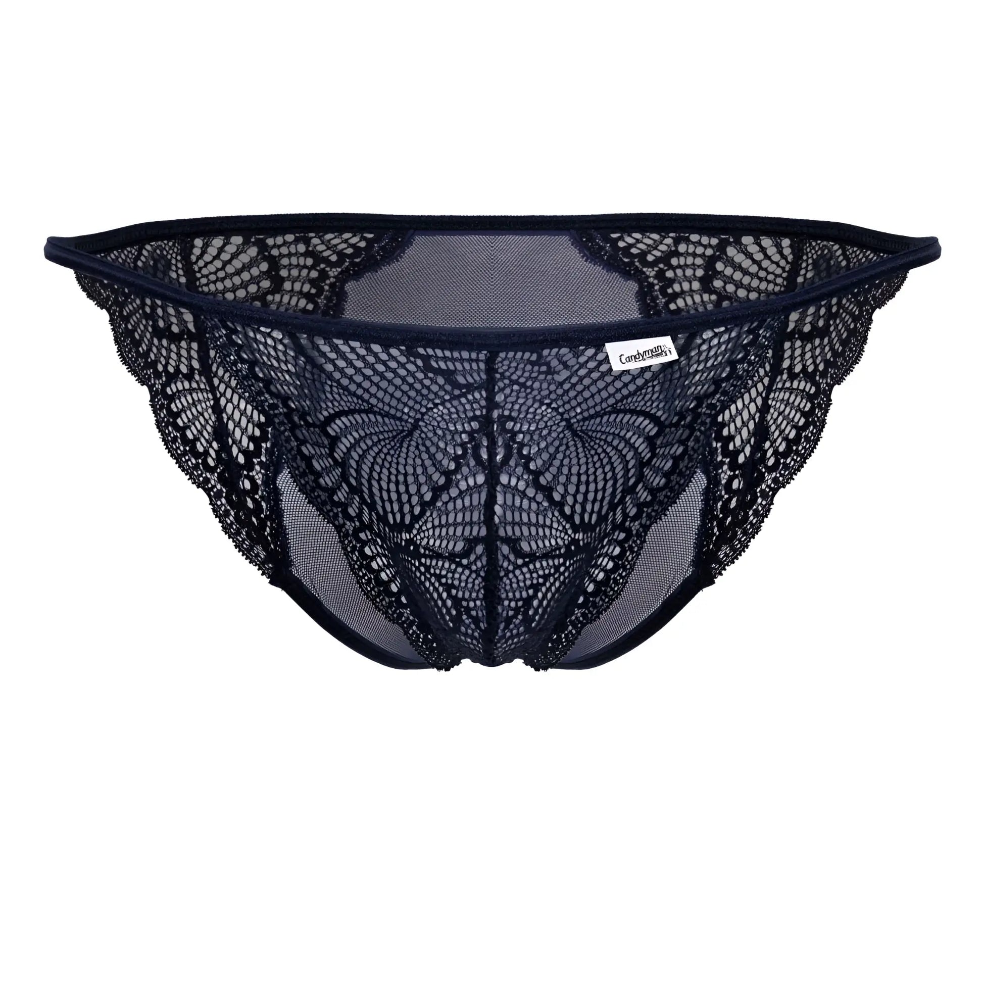 CandyMan 99914 navy lace briefs with black butterfly mesh thong design and branded label visible on front