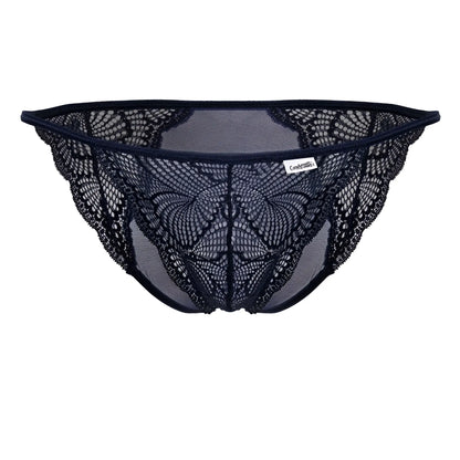 CandyMan 99914 navy lace briefs with black butterfly mesh thong design and branded label visible on front