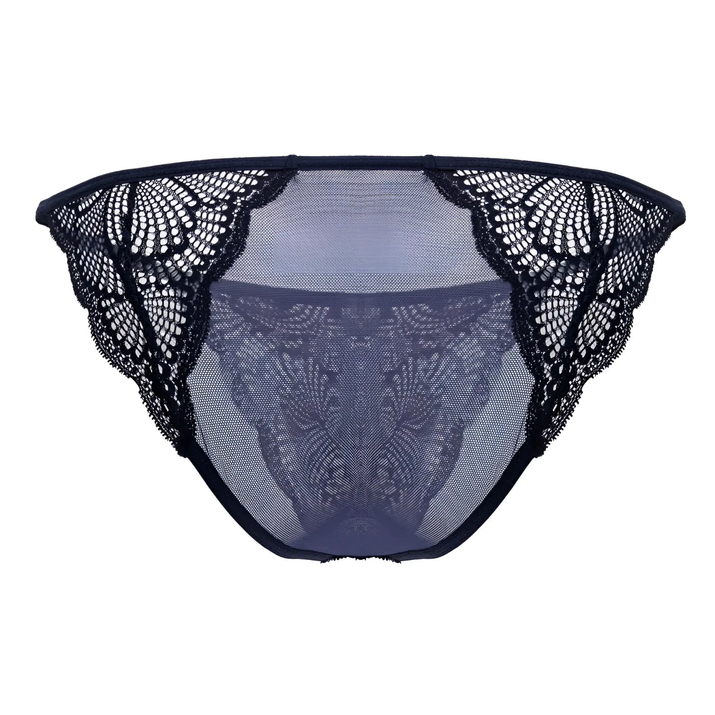 Navy candyman 99914 lace briefs with black lace-trimmed mesh and intricate floral patterns front view