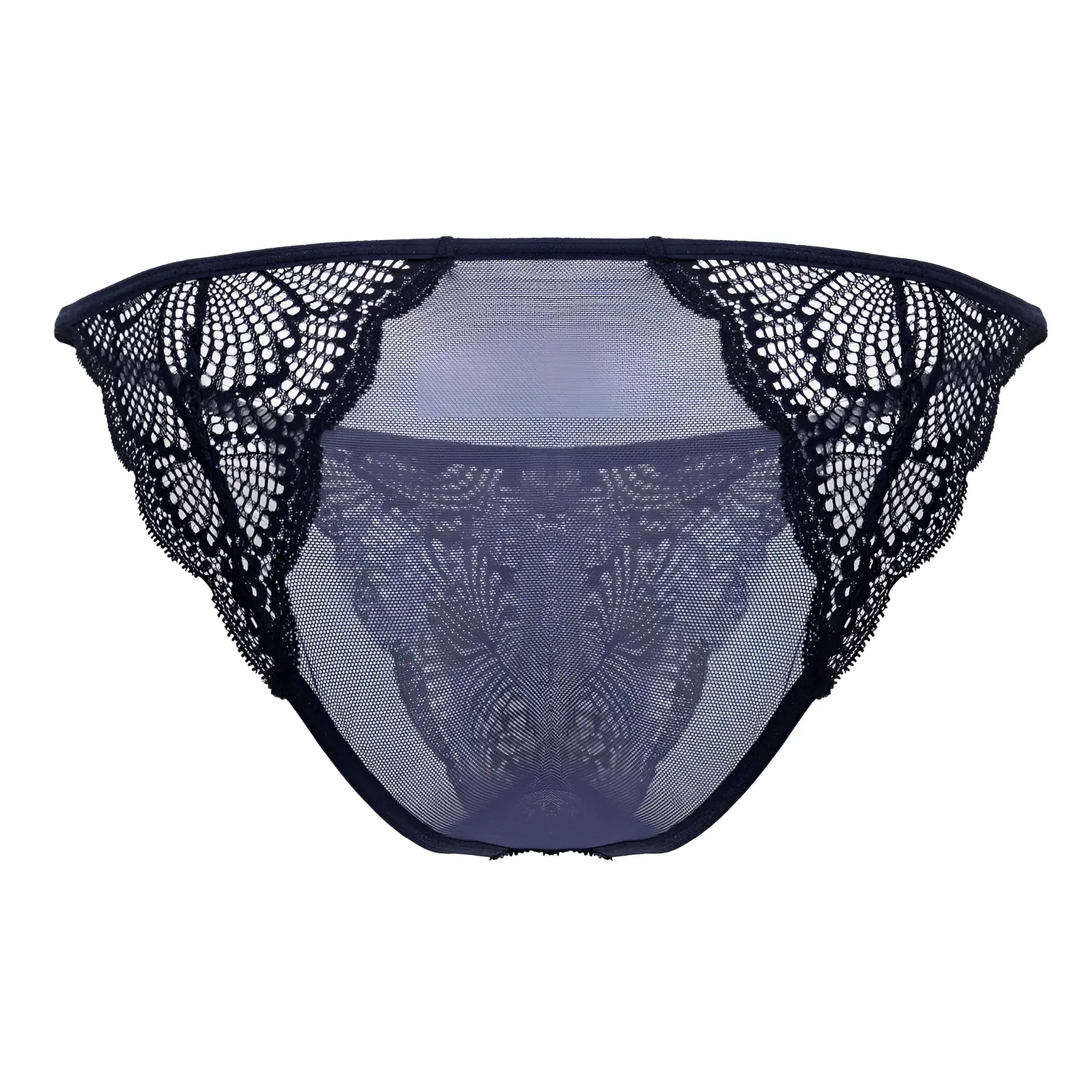 Navy candyman 99914 lace briefs with black lace-trimmed mesh and intricate floral patterns front view