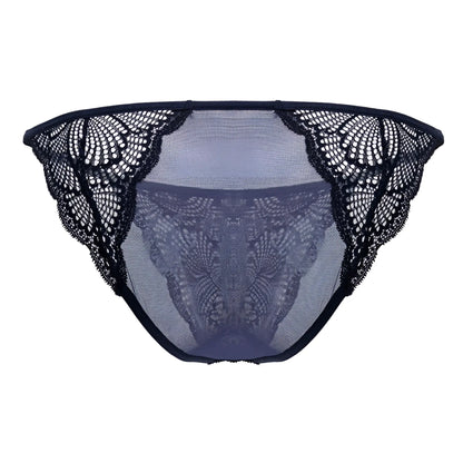 Navy candyman 99914 lace briefs with black lace-trimmed mesh and intricate floral patterns front view