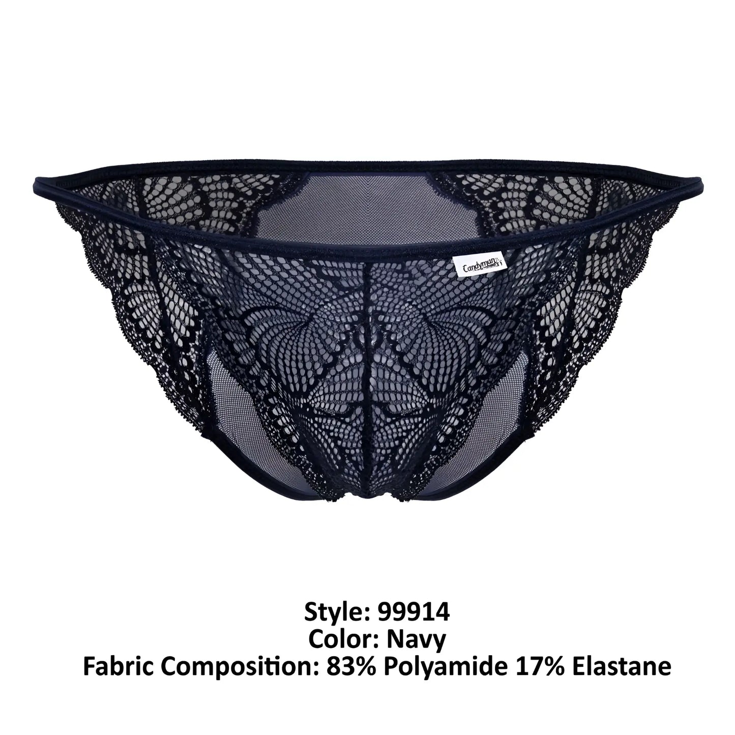 Navy lace thong candyMan 99914 with intricate butterfly pattern and mesh detailing showing front side