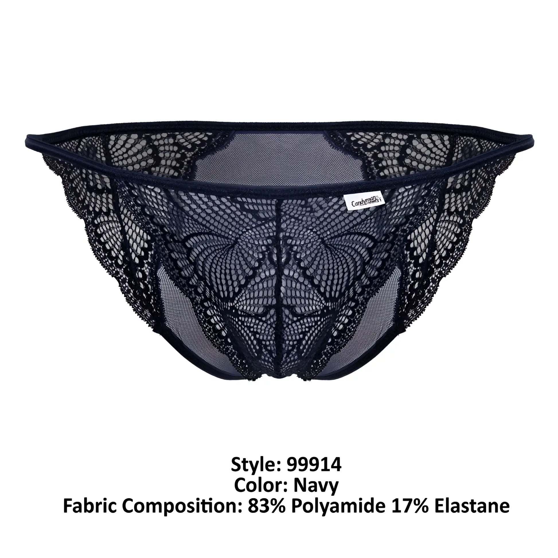 Navy lace thong candyMan 99914 with intricate butterfly pattern and mesh detailing showing front side