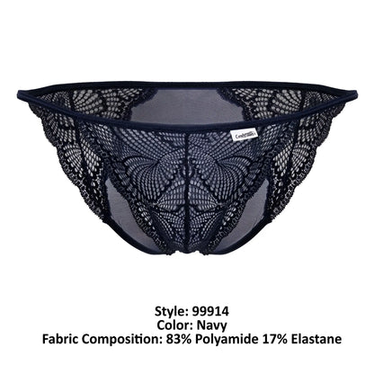 Navy lace thong candyMan 99914 with intricate butterfly pattern and mesh detailing showing front side
