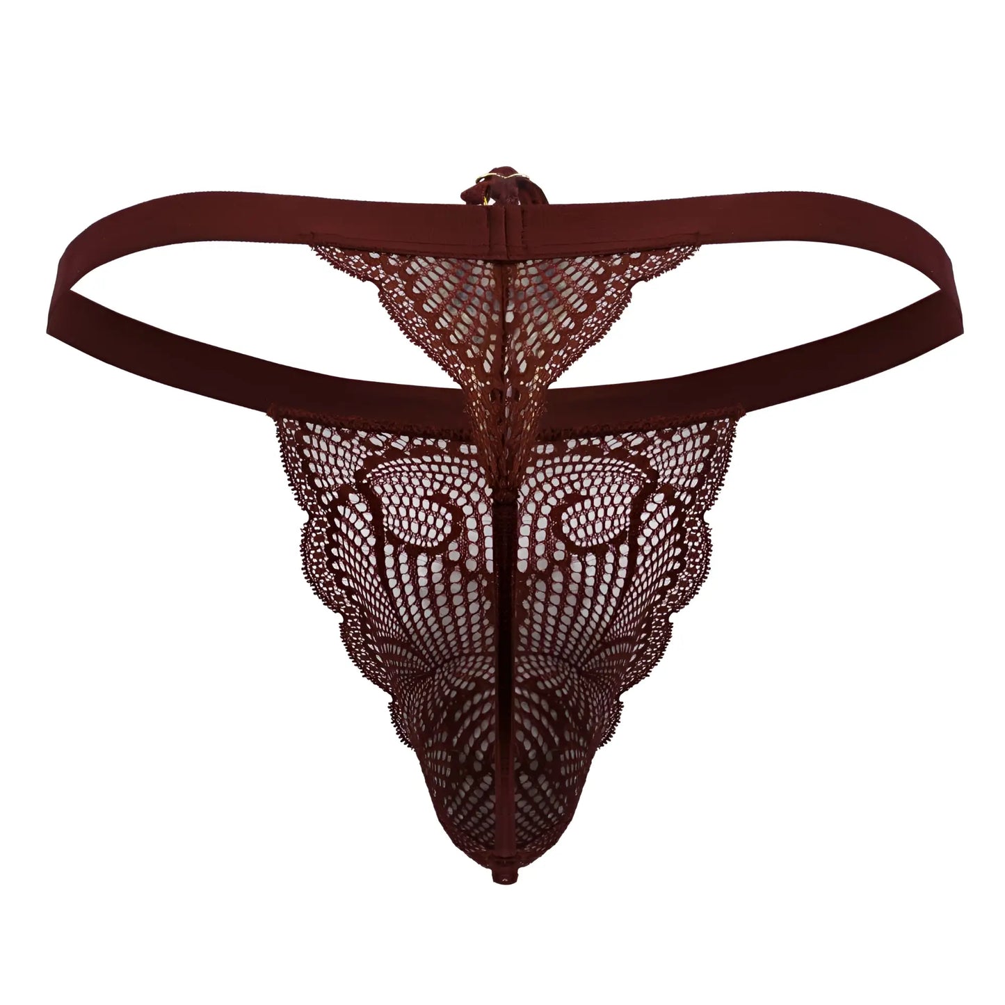 A burgundy CandyMan 99915 lace thong with intricate lace pattern and solid fabric waistband front view