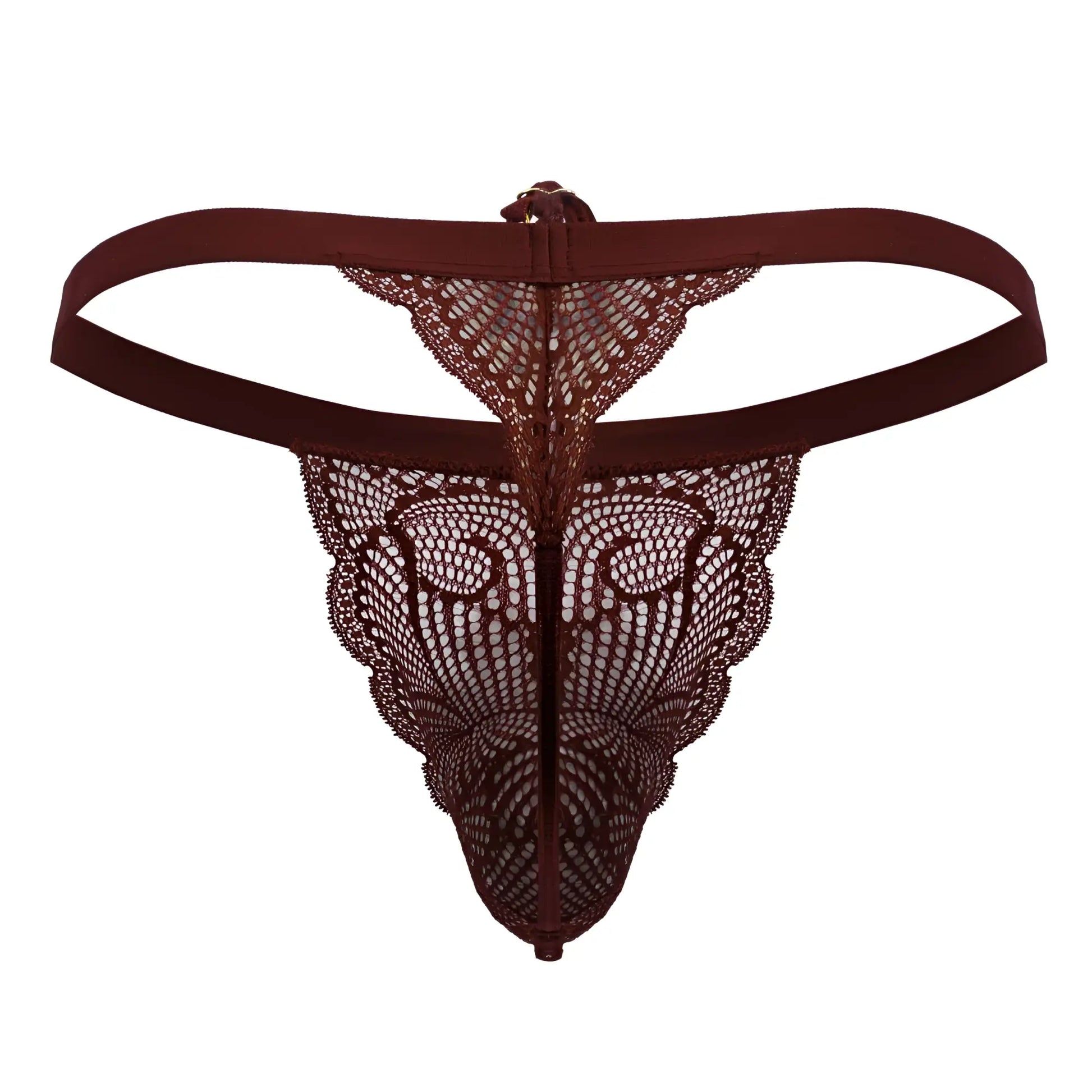 A burgundy CandyMan 99915 lace thong with intricate lace pattern and solid fabric waistband front view
