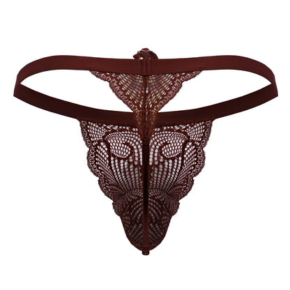A burgundy CandyMan 99915 lace thong with intricate lace pattern and solid fabric waistband front view