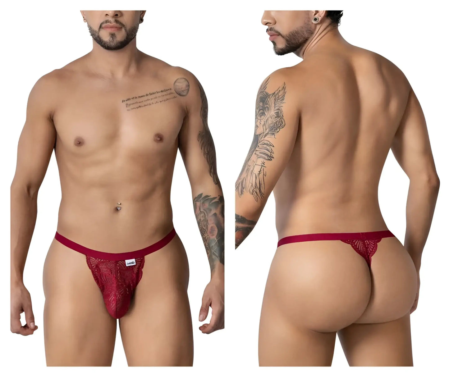 CandyMan 99915 burgundy lace thong with intricate pattern and small brand tag on the front
