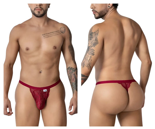 CandyMan 99915 burgundy lace thong with intricate pattern and small brand tag on the front