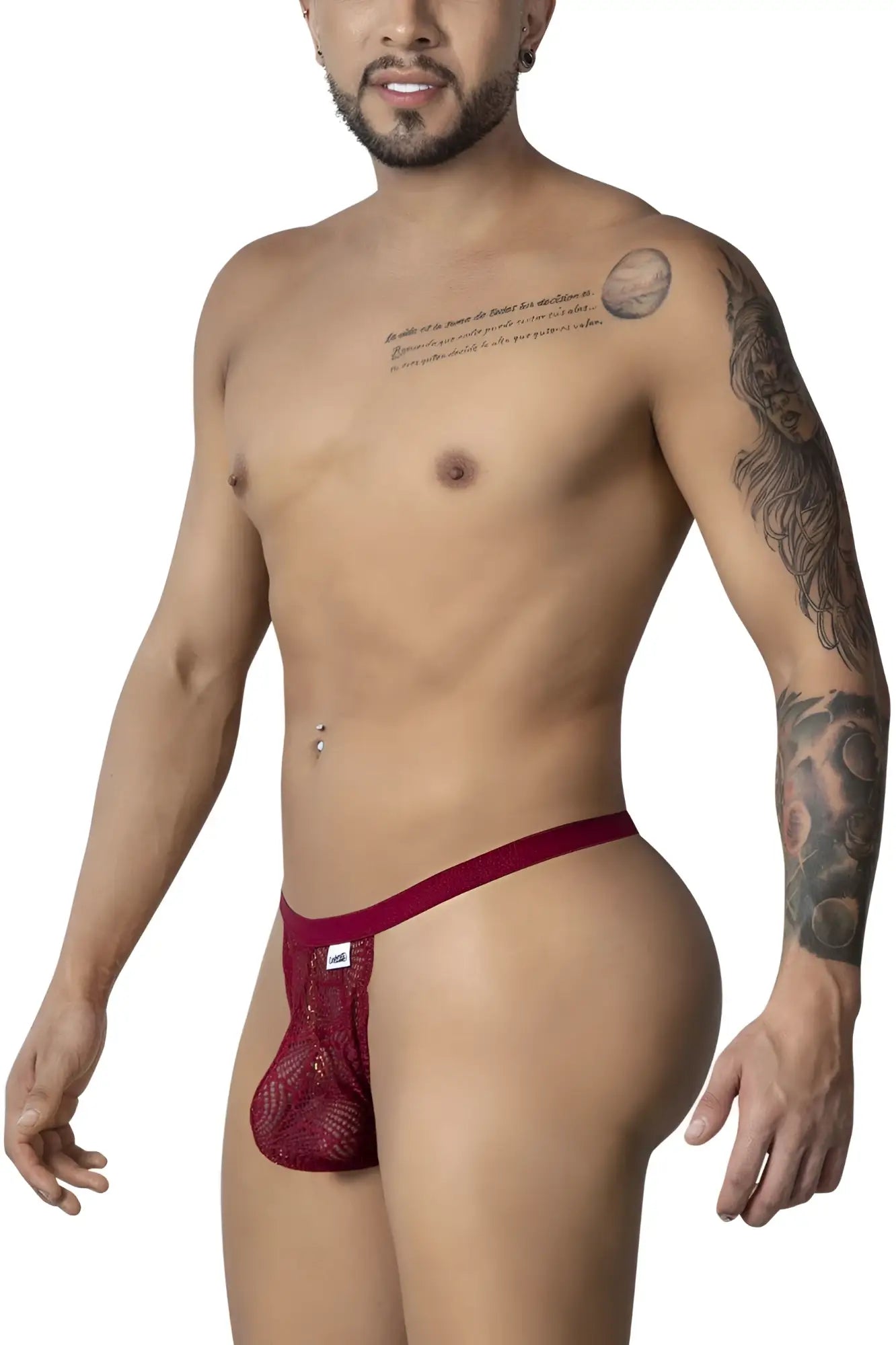CandyMan 99915 burgundy red lace thong with textured patterned design and white brand tag on waistband front view