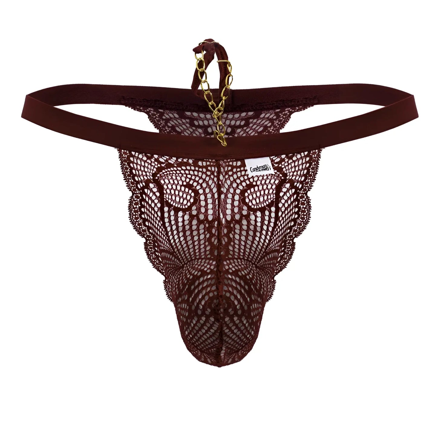 Back view of candyman 99915 burgundy lace thong with gold chain detail showing delicate lingerie design