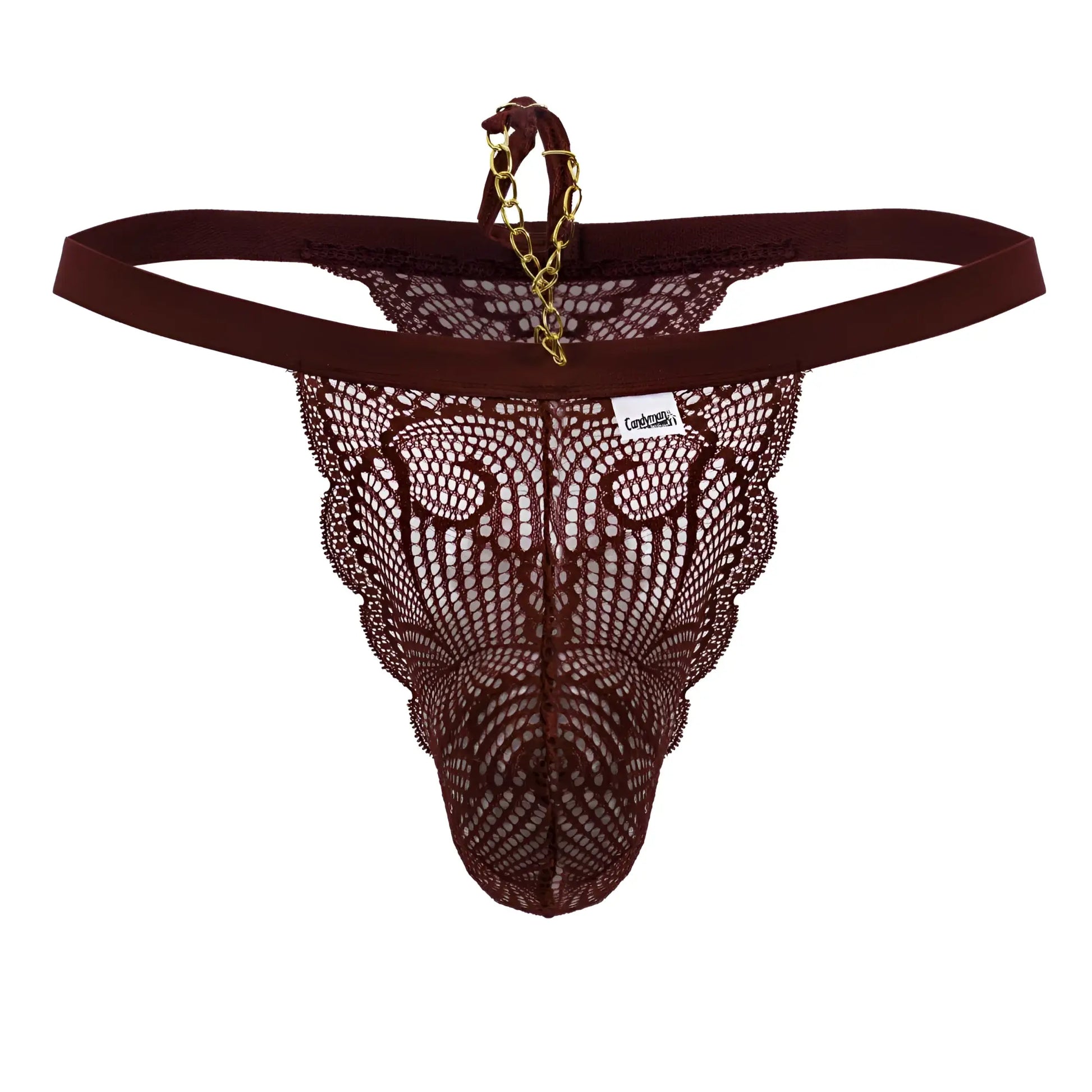 Back view of candyman 99915 burgundy lace thong with gold chain detail showing delicate lingerie design