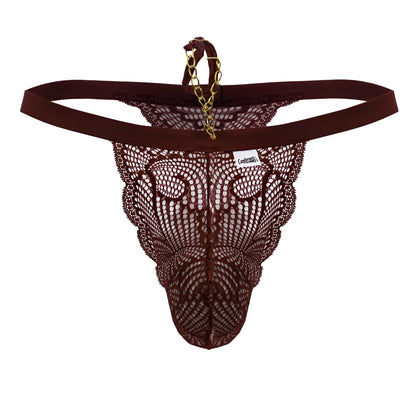 Back view of candyman 99915 burgundy lace thong with gold chain detail showing delicate lingerie design