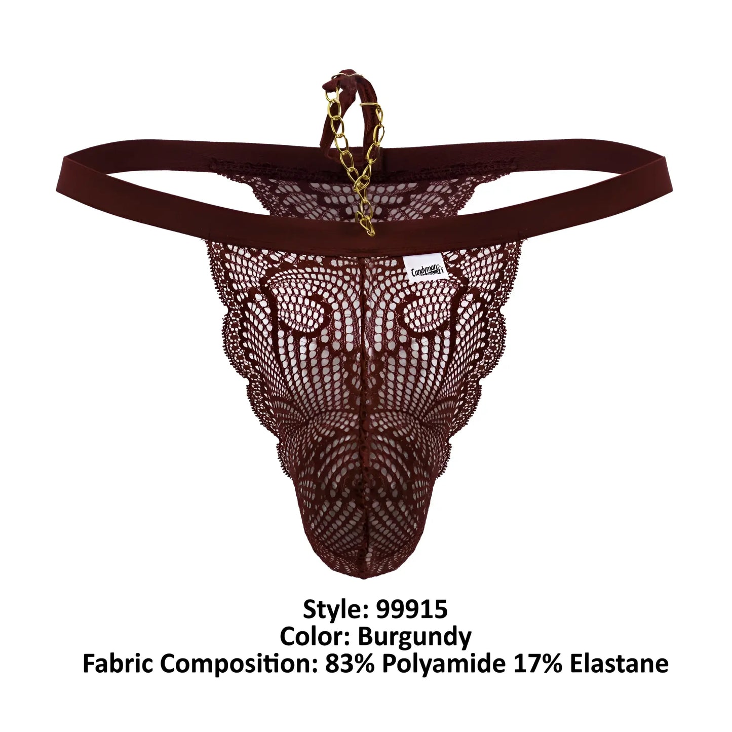 Back view of candyman 99915 lace thong in burgundy with gold chain detail on the lace fabric