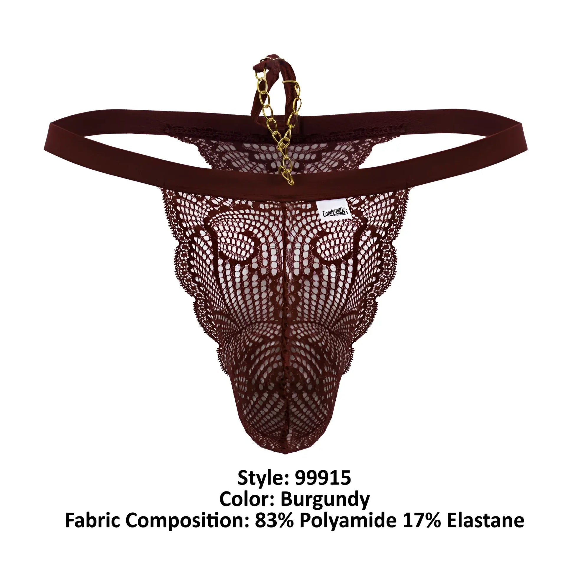 Back view of candyman 99915 lace thong in burgundy with gold chain detail on the lace fabric