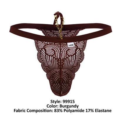 Back view of candyman 99915 lace thong in burgundy with gold chain detail on the lace fabric