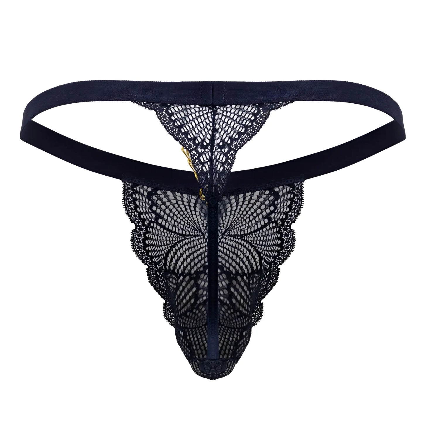 Navy candyMan 99915 lace thong with scalloped edges and central zipper front detail in delicate lace fabric