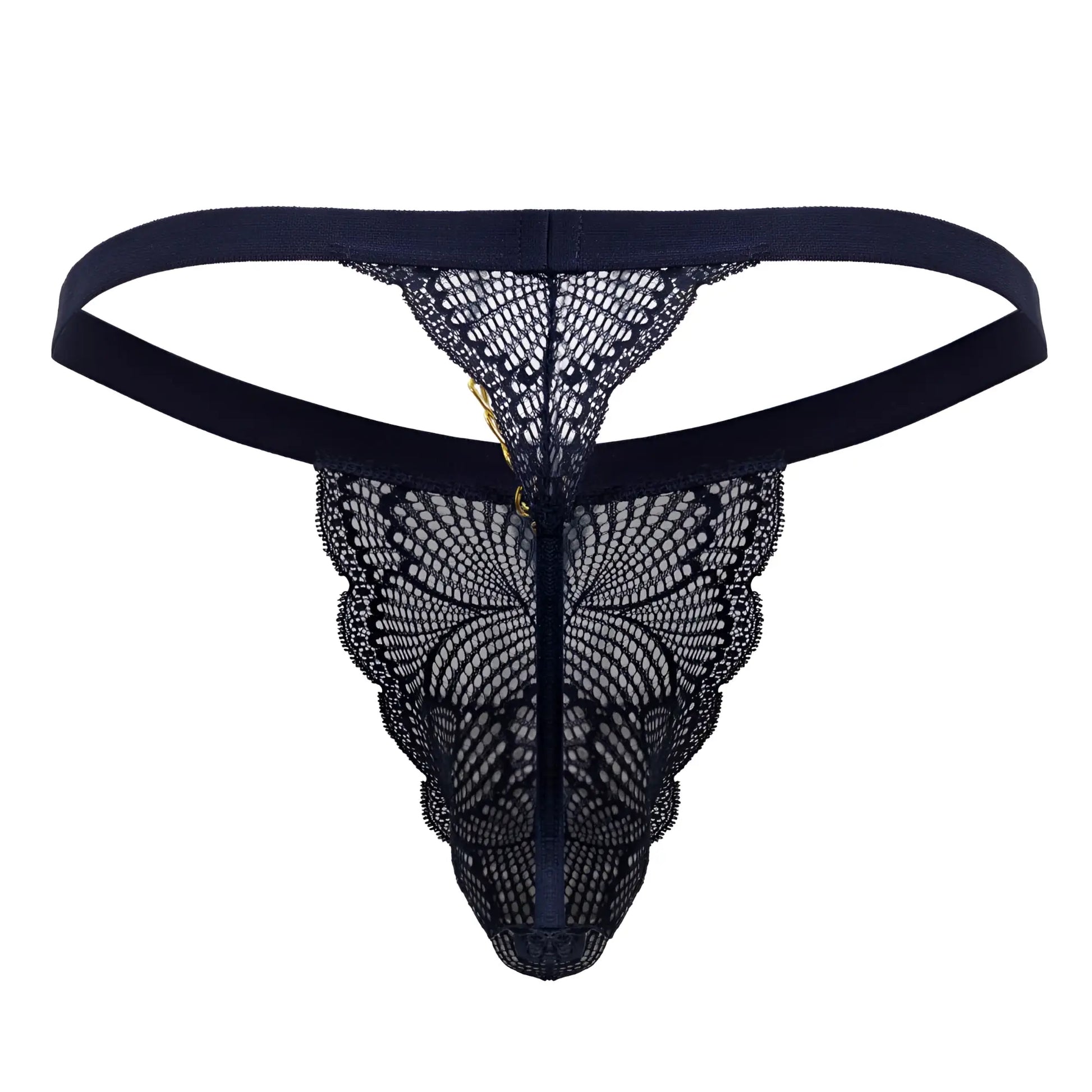 Navy candyMan 99915 lace thong with scalloped edges and central zipper front detail in delicate lace fabric