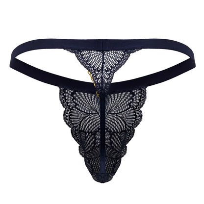 Navy candyMan 99915 lace thong with scalloped edges and central zipper front detail in delicate lace fabric