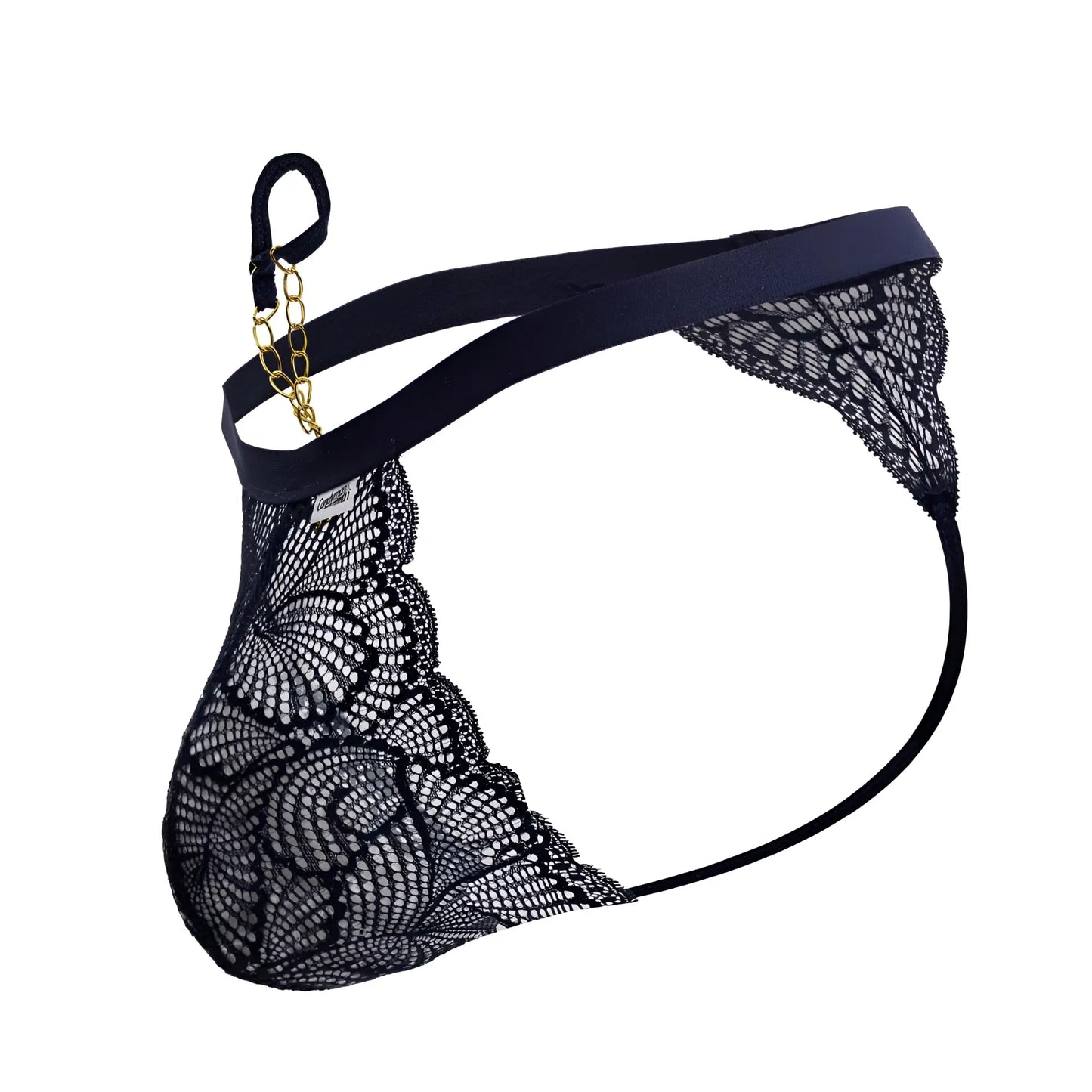 Navy candy man 99915 lace thong with gold chain accent and elastic waistband shown from the back side