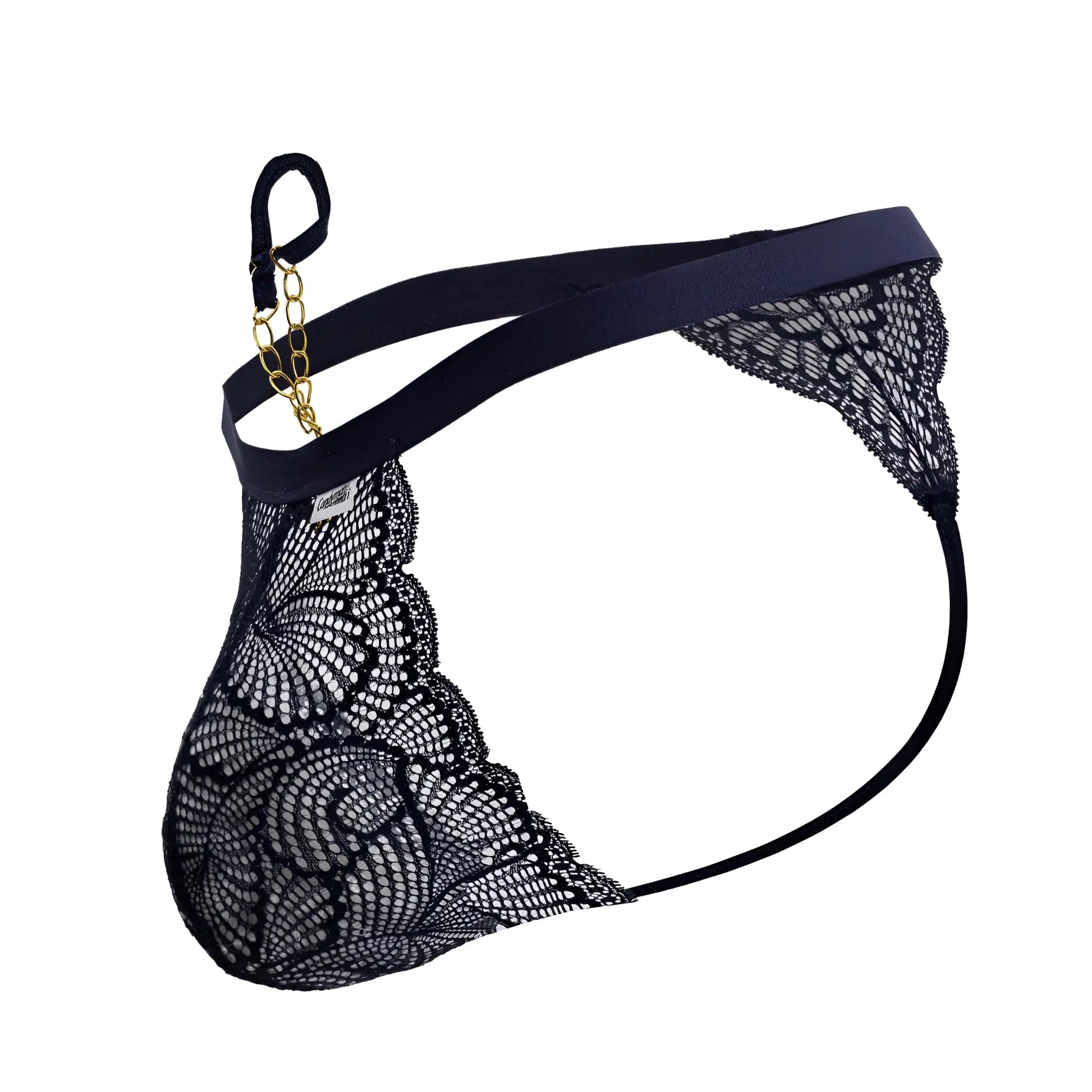 Navy candy man 99915 lace thong with gold chain accent and elastic waistband shown from the back side