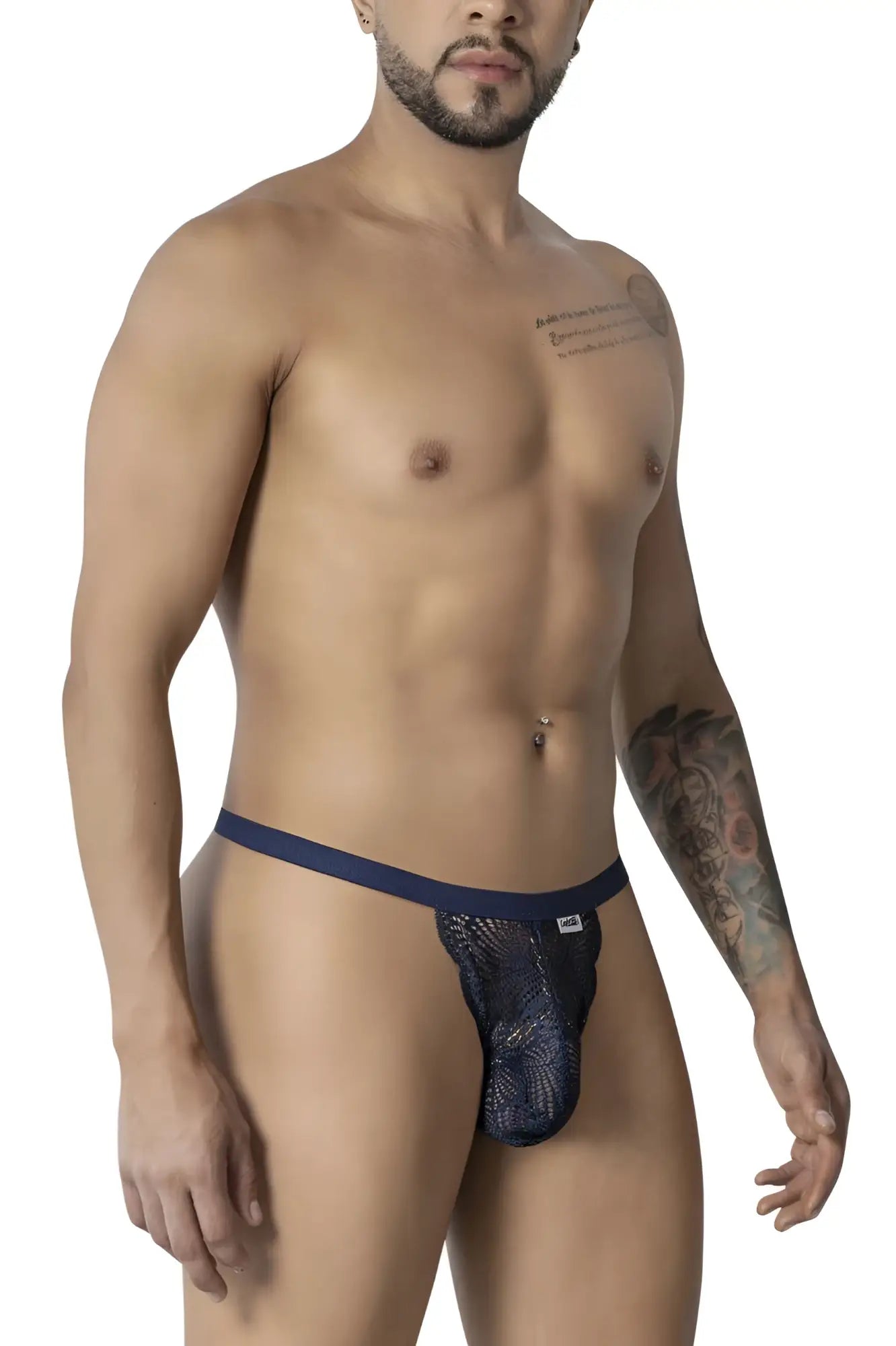 Navy candy man 99915 lace thong with mesh body and solid waistband, front view