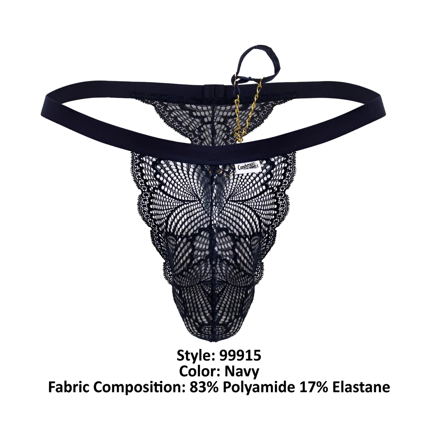 Back view of candyman 99915 navy lace thong featuring delicate butterfly pattern and gold chain accent