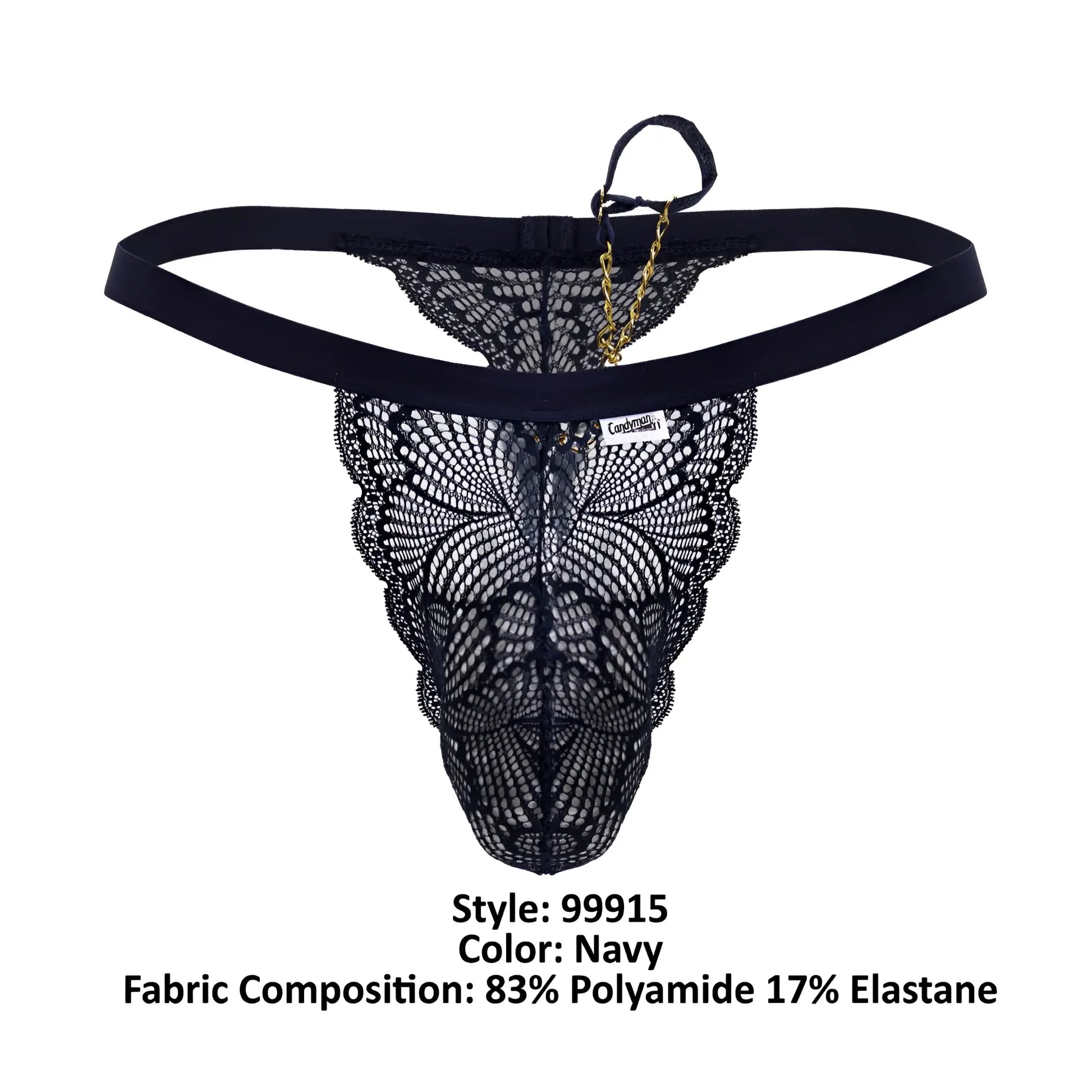 Back view of candyman 99915 navy lace thong featuring delicate butterfly pattern and gold chain accent