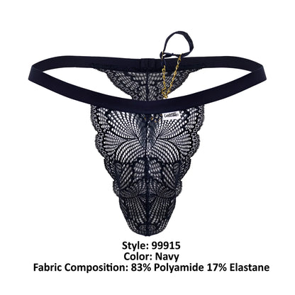Back view of candyman 99915 navy lace thong featuring delicate butterfly pattern and gold chain accent