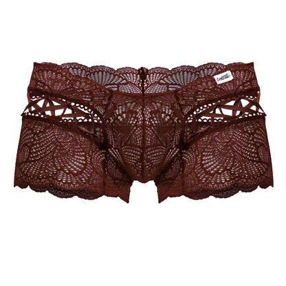 Dark burgundy lace men’s trunks with intricate floral patterns and scalloped edges candyMan 99916 lace trunks