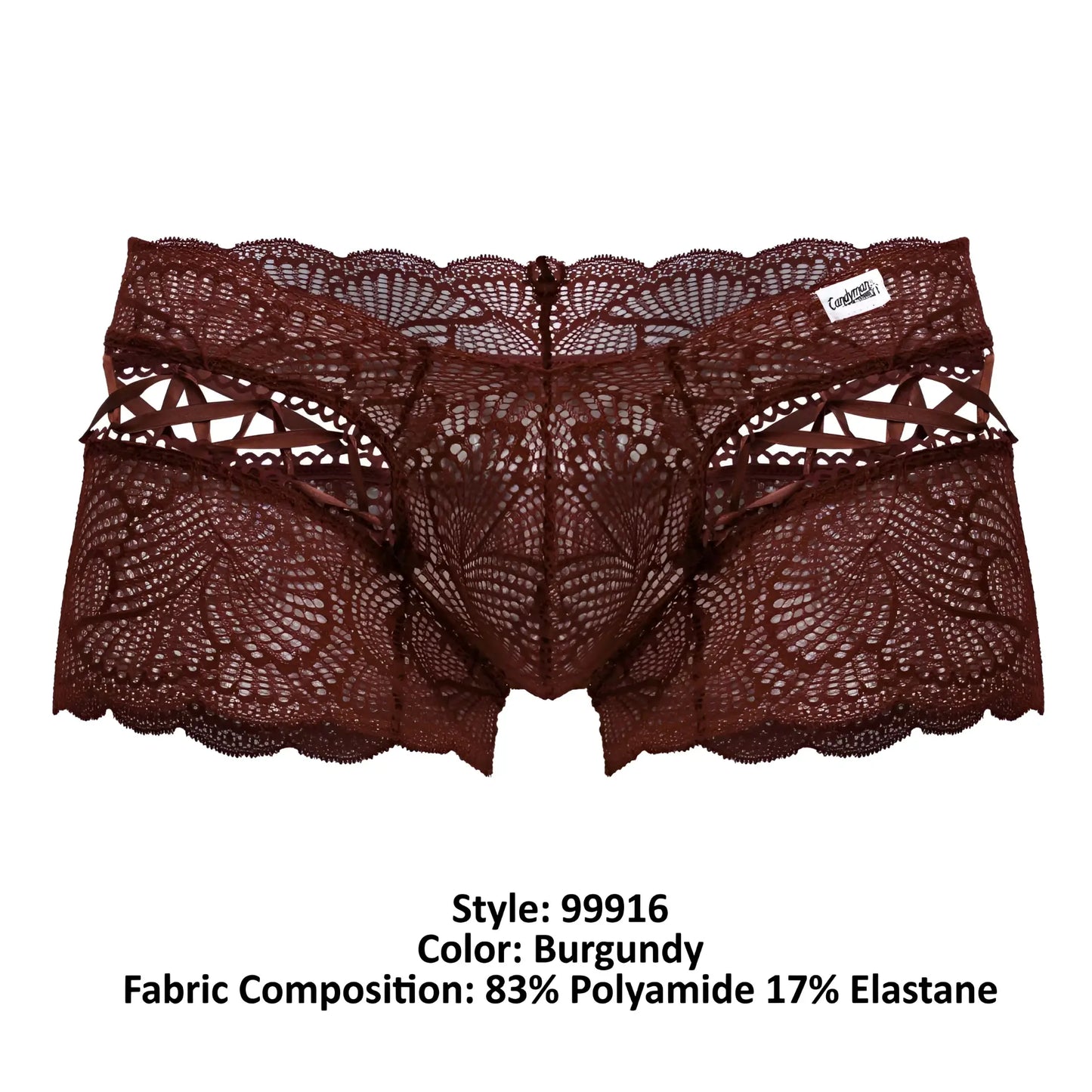 CandyMan 99916 lace trunks in burgundy feature intricate floral lace patterns with scalloped edges for men