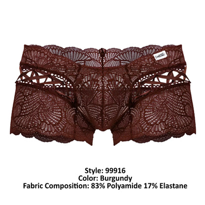 CandyMan 99916 lace trunks in burgundy feature intricate floral lace patterns with scalloped edges for men