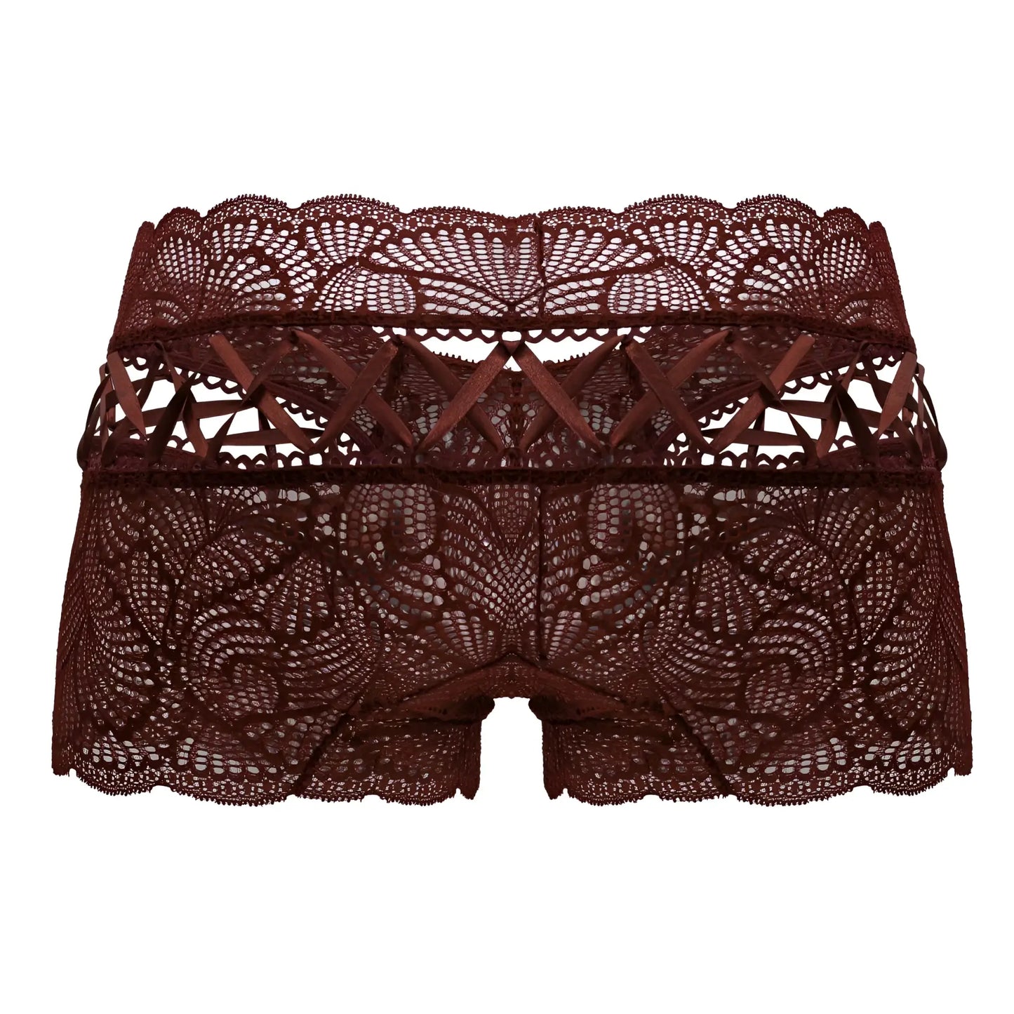 A pair of candyMan 99916 lace trunks in burgundy featuring intricate floral patterns and scalloped edges