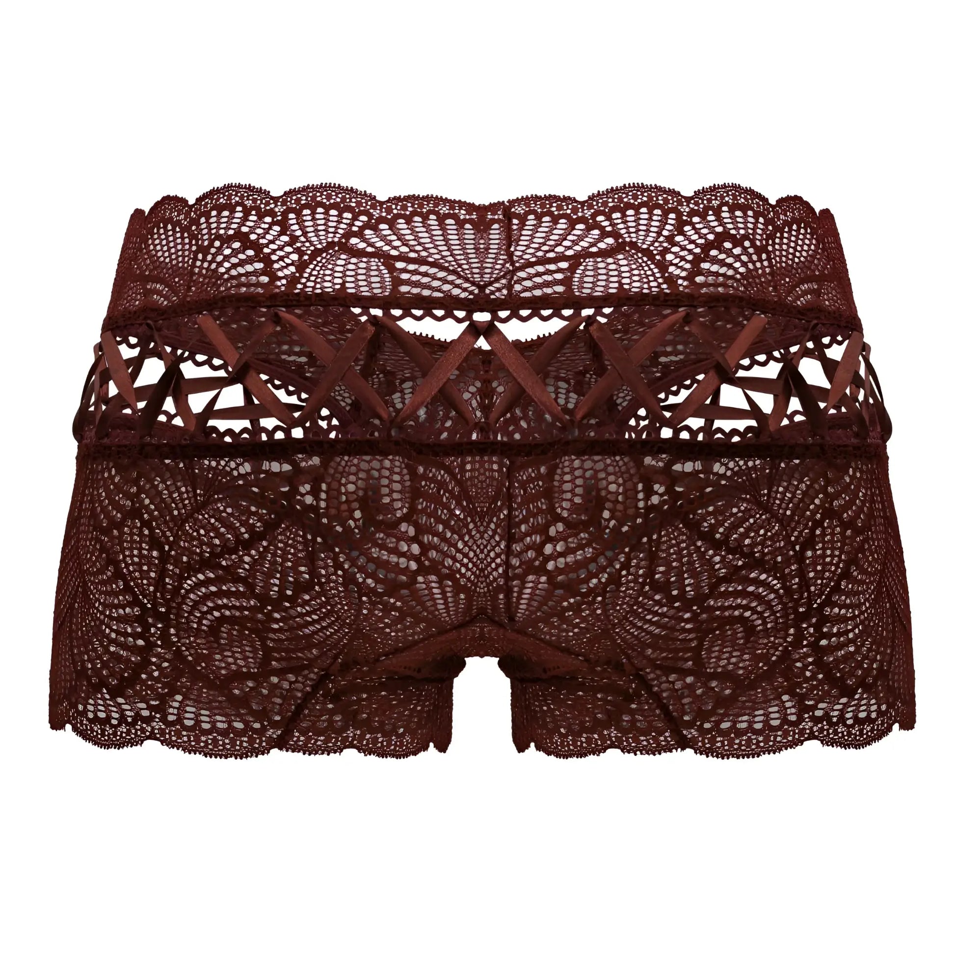 A pair of candyMan 99916 lace trunks in burgundy featuring intricate floral patterns and scalloped edges
