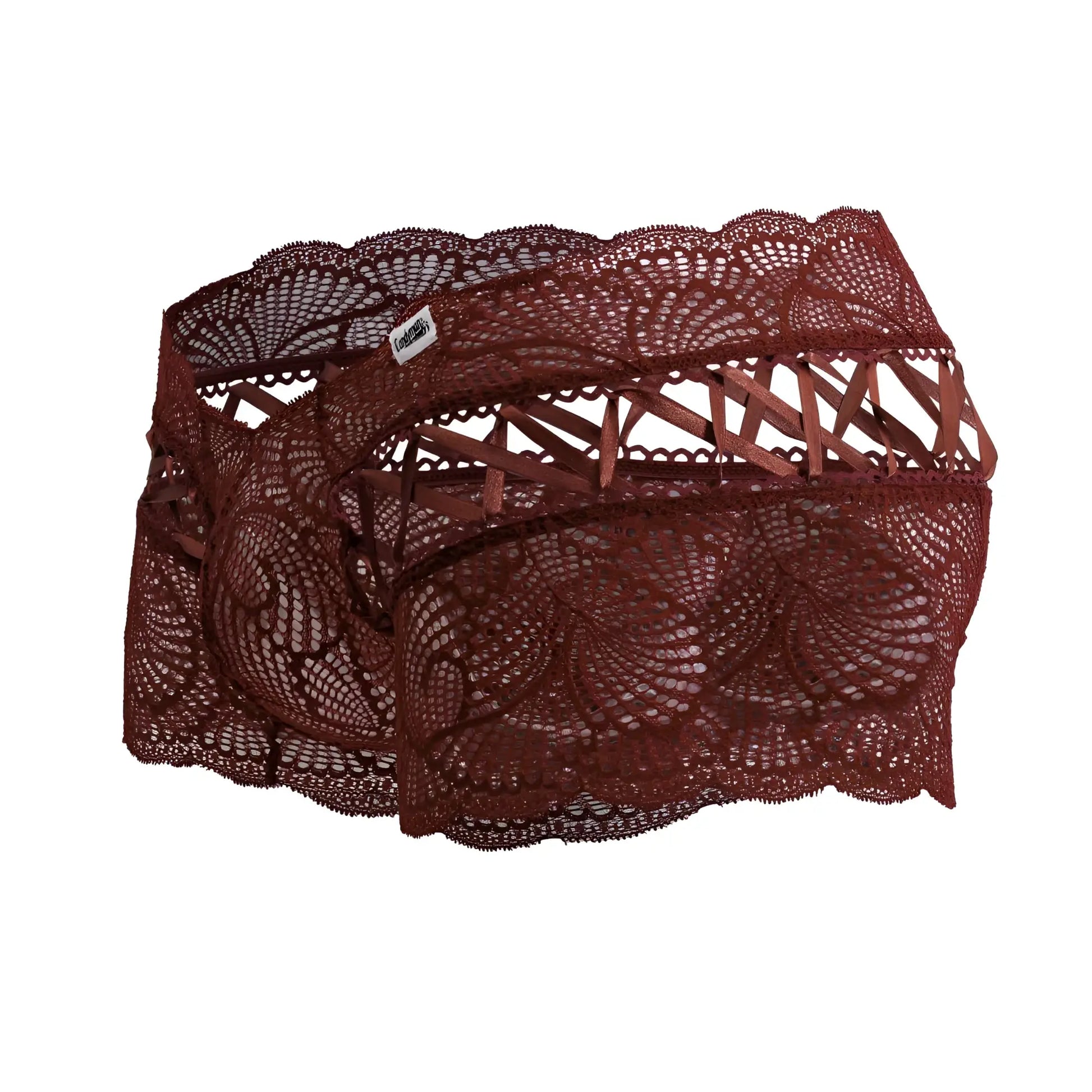 A pair of CandyMan 99916 lace trunks in burgundy featuring intricate floral patterns and scalloped edges