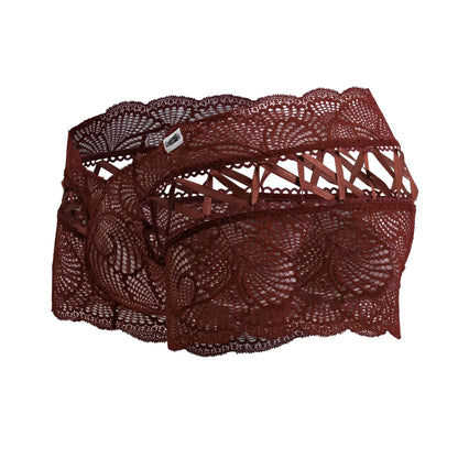 A pair of CandyMan 99916 lace trunks in burgundy featuring intricate floral patterns and scalloped edges