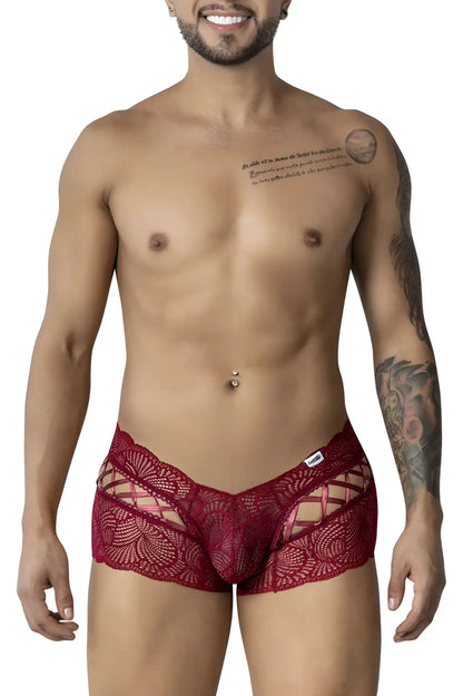CandyMan 99916 lace trunks burgundy red lace men’s briefs with intricate floral patterns and cut-out design