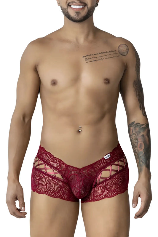 CandyMan 99916 lace trunks burgundy red lace men’s briefs with intricate floral patterns and cut-out design