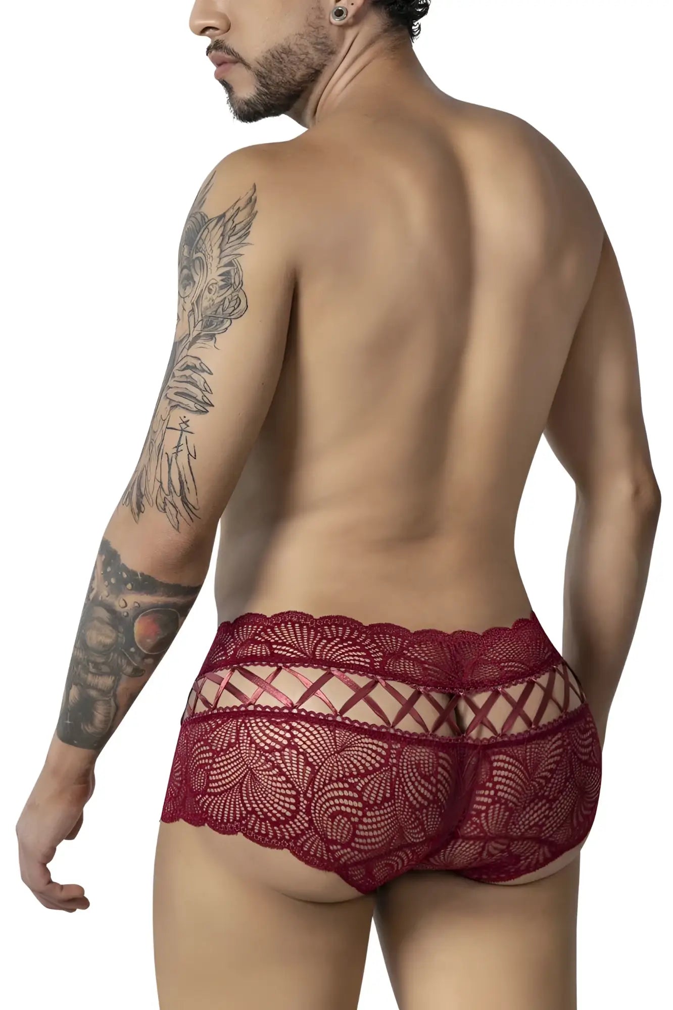 CandyMan 99916 lace trunks in burgundy featuring red lace with floral patterns and a sheer crisscrossed back panel