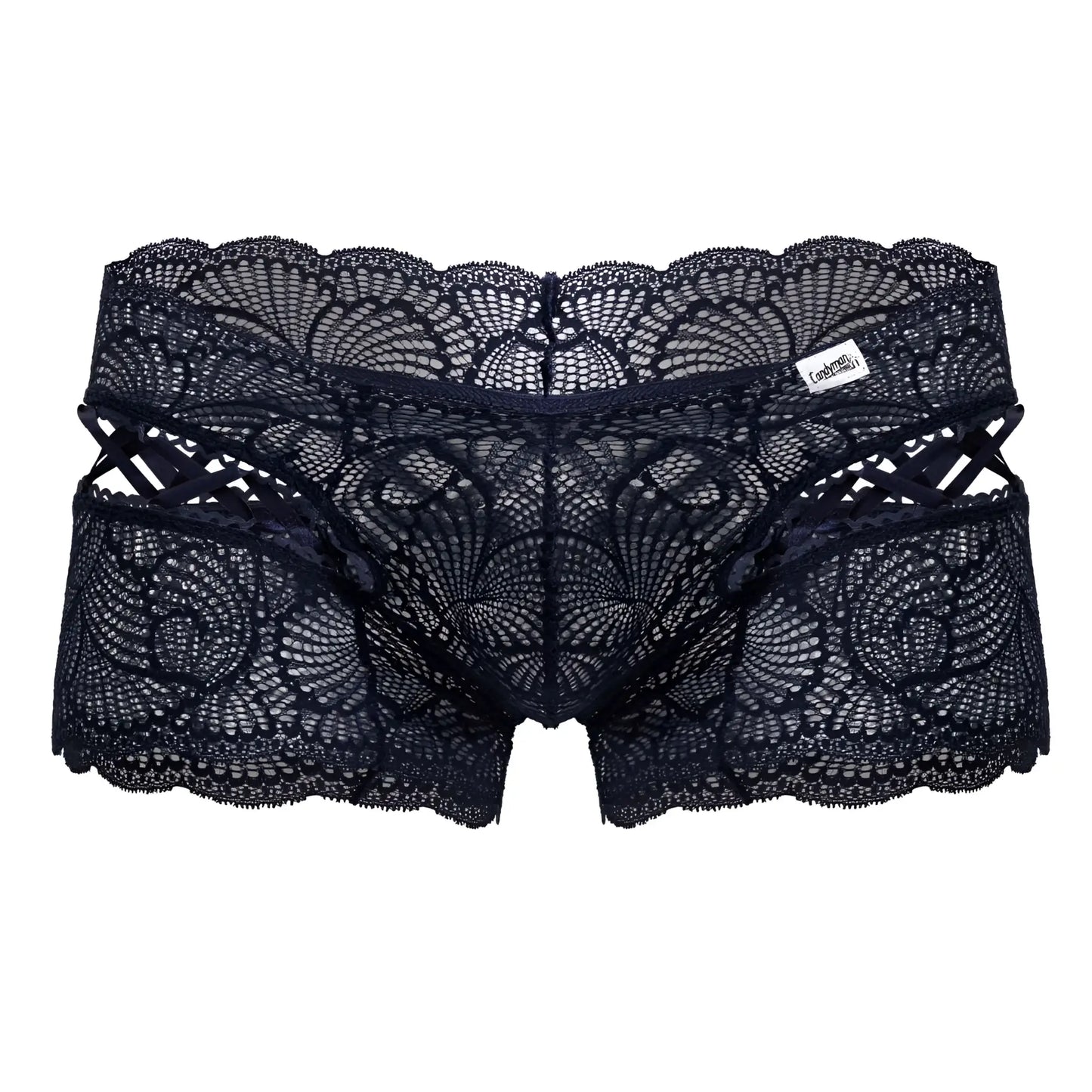Navy candyMan 99916 lace trunks with intricate black floral patterns and scalloped edges front view underwear