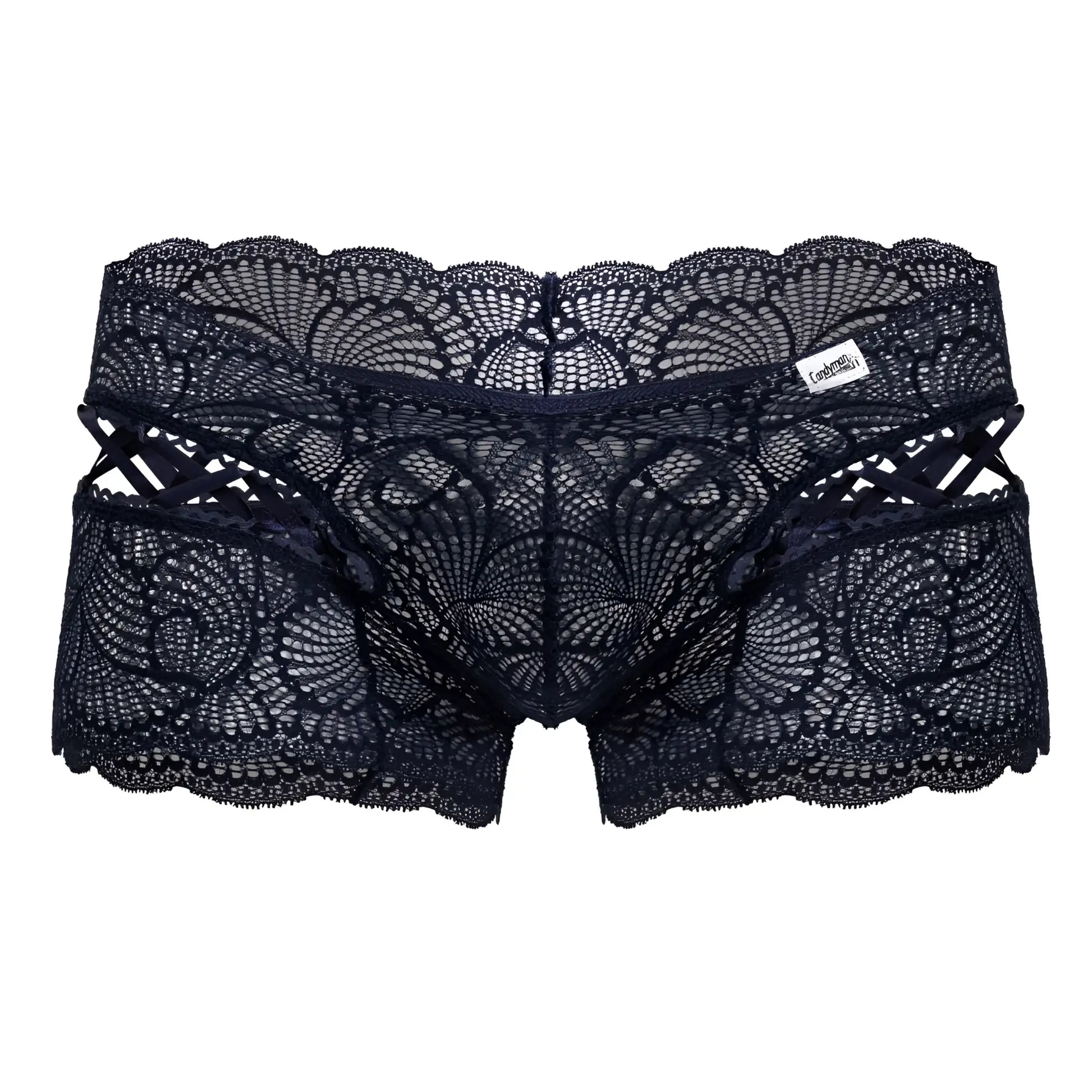 Navy candyMan 99916 lace trunks with intricate black floral patterns and scalloped edges front view underwear