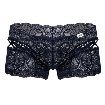 Navy candyMan 99916 lace trunks with intricate black floral patterns and scalloped edges front view underwear