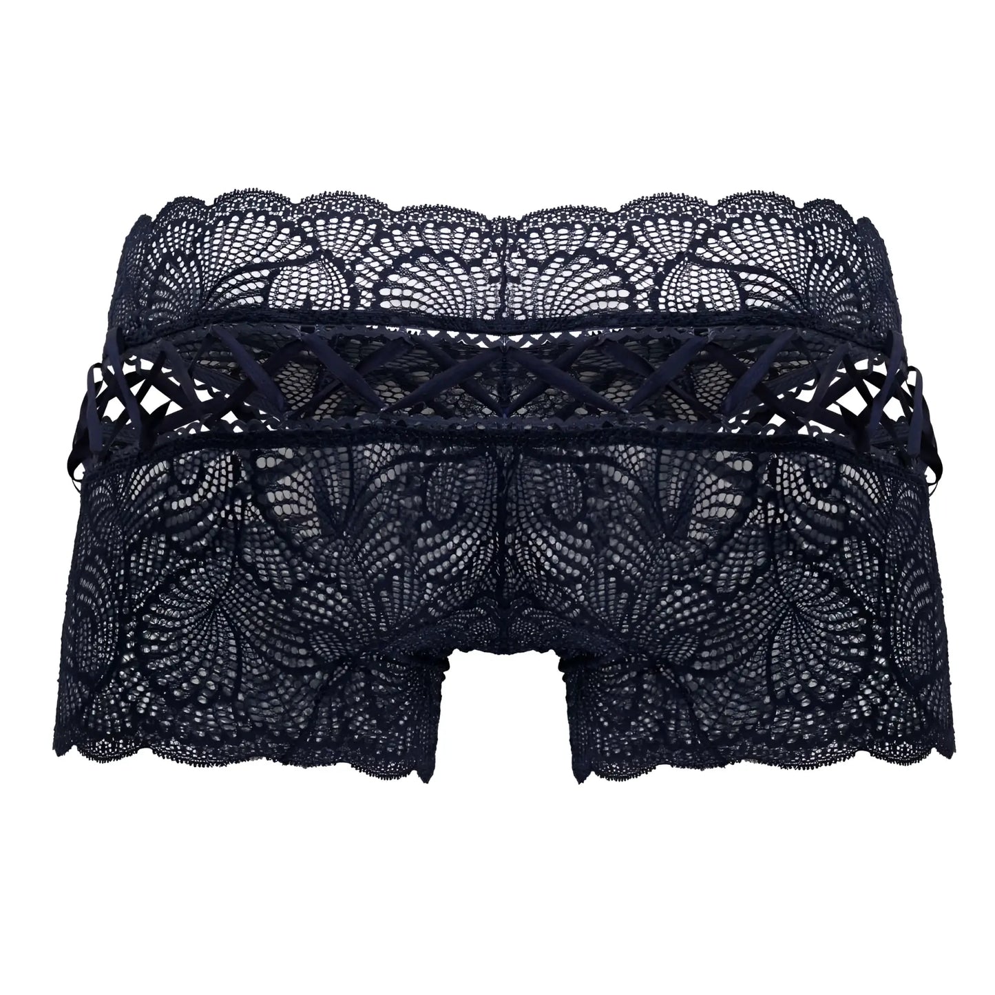 CandyMan 99916 navy lace trunks with intricate black floral patterns and scalloped edge for stylish underwear