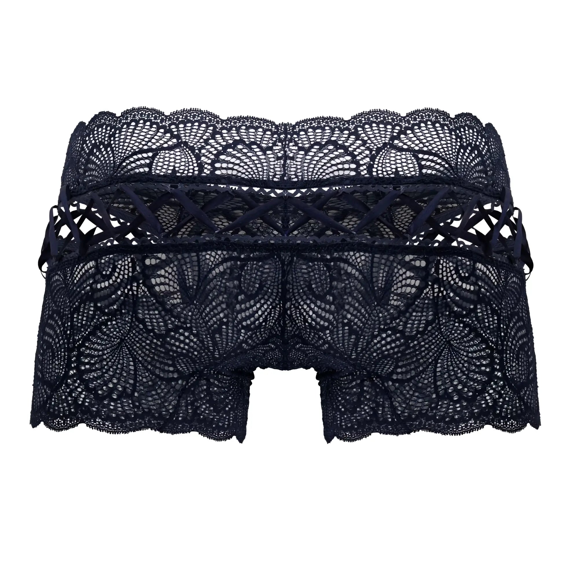 CandyMan 99916 navy lace trunks with intricate black floral patterns and scalloped edge for stylish underwear