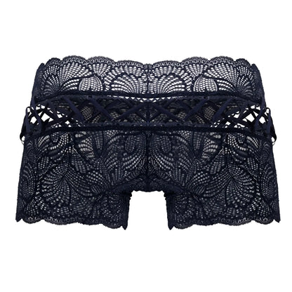 CandyMan 99916 navy lace trunks with intricate black floral patterns and scalloped edge for stylish underwear
