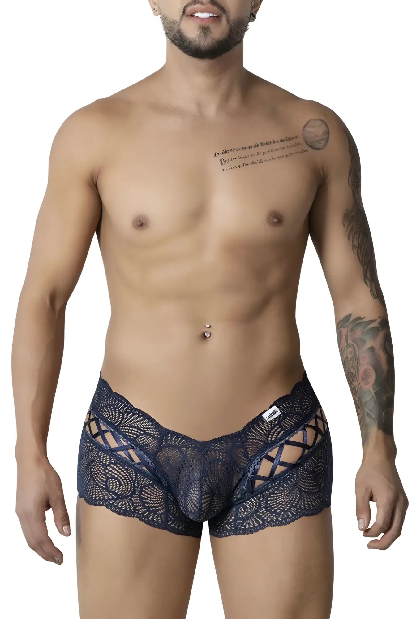 CandyMan 99916 lace trunks in navy featuring dark blue lace with intricate pattern and cutout design